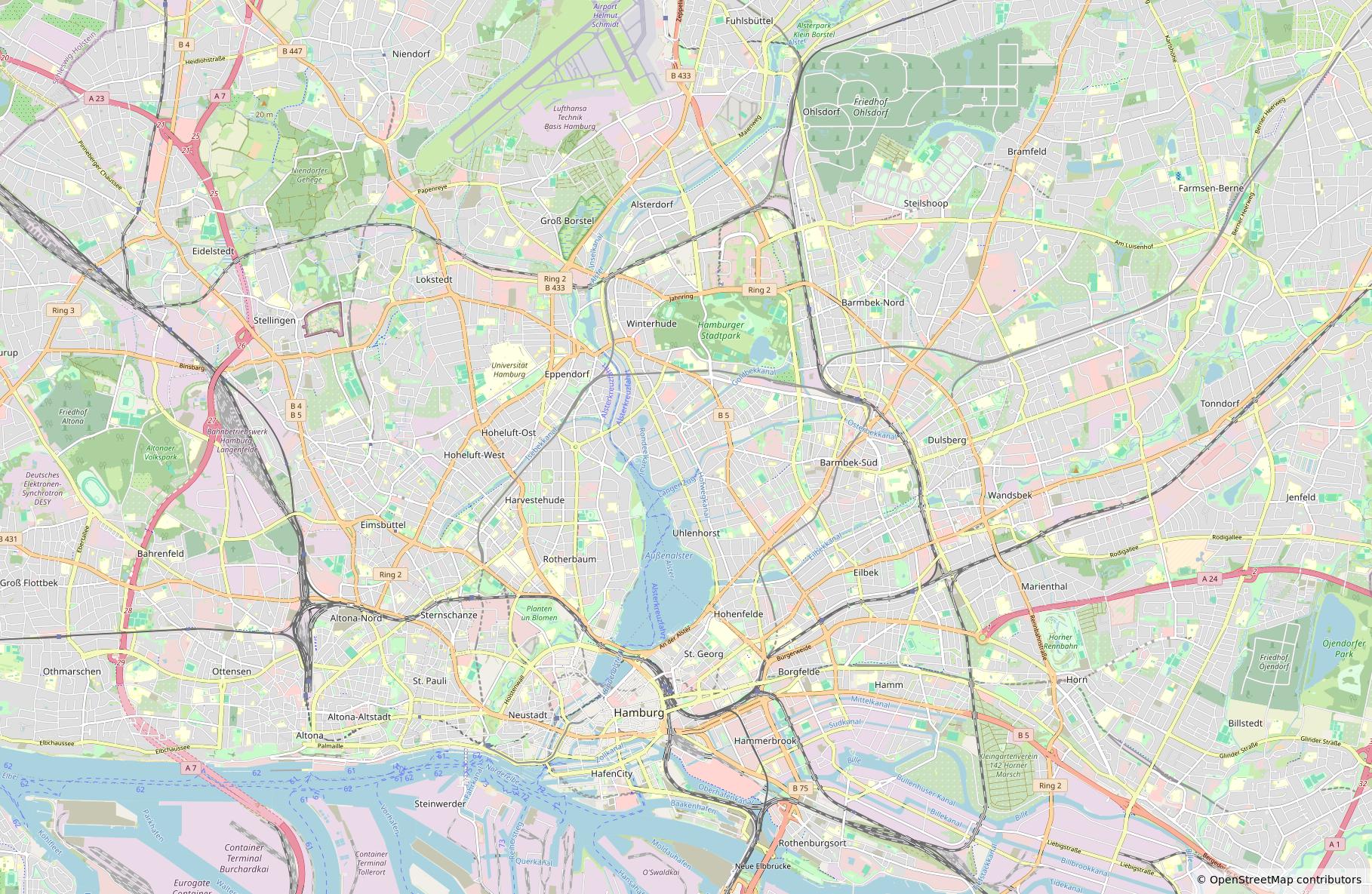 OpenStreetMap-Kartenausschnitt von Hamburg rund um Roman Traveldesign