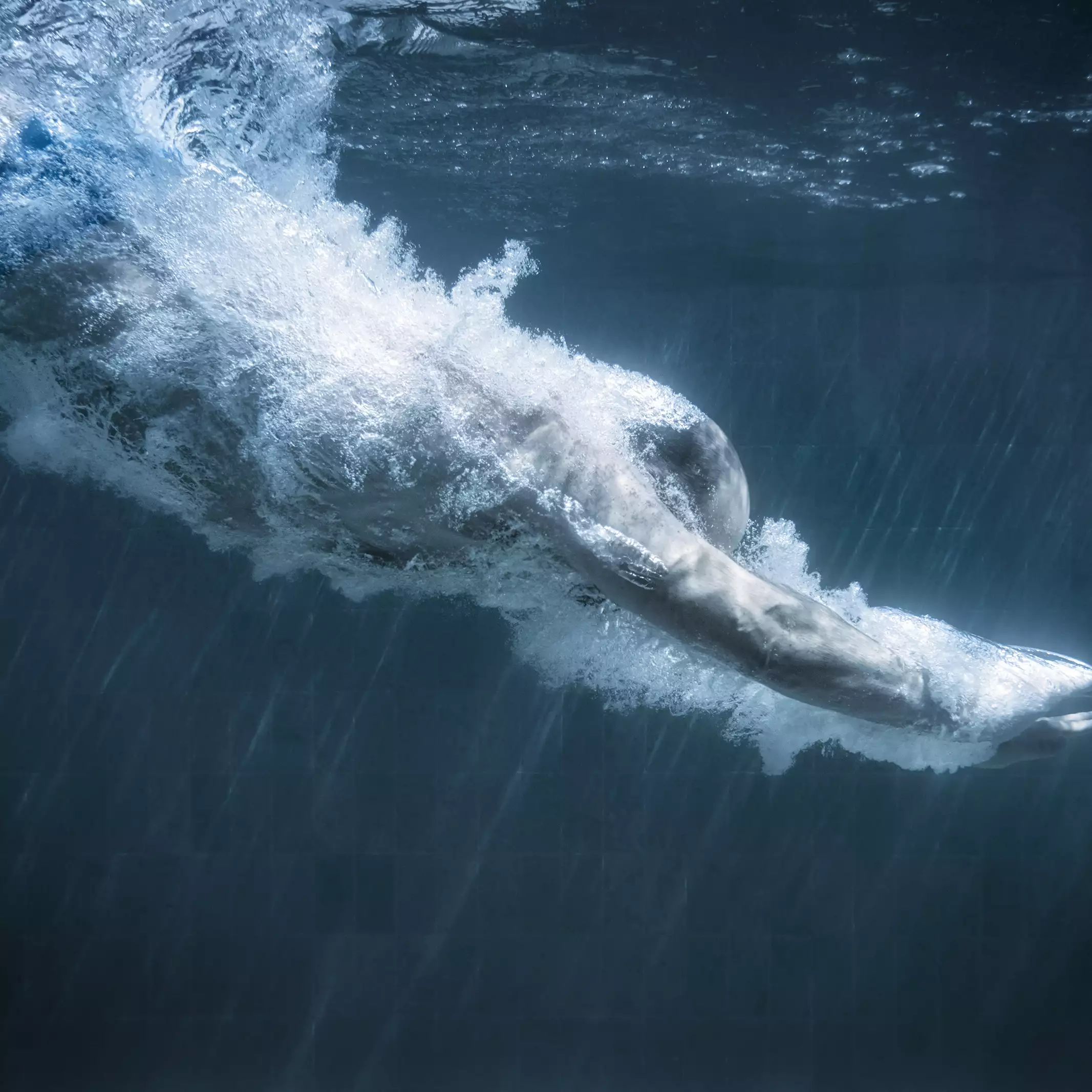 Unterwasseraufnahme eines Schwimmers, der mit ausgestreckten Armen und Luftblasen ins Wasser eintaucht, Symbol für Tauchen